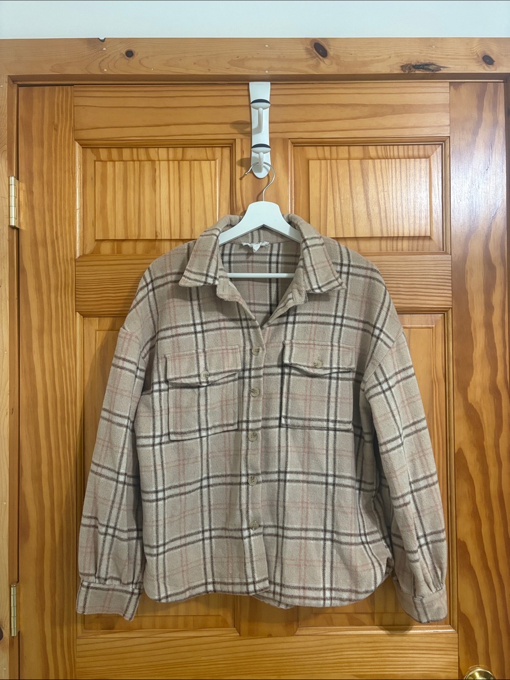 Nordstrom Size Small Brown and Pink Plaid Flannel Shacket Jacket - Picture 3 of 6